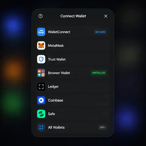EVM wallet selection modal - connect MetaMask, Trust Wallet, Coinbase and 400+ wallets via WalletConnect