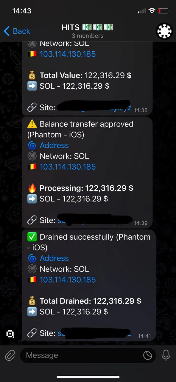 Quarklab solana drainer hits in telegram