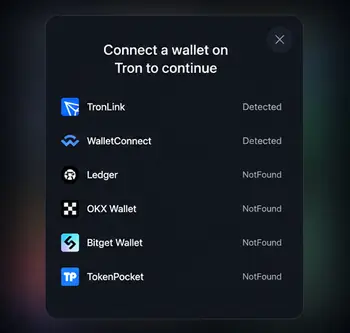 TRON wallet connect modal – TronLink, Trust Wallet and TRON-compatible wallet selector