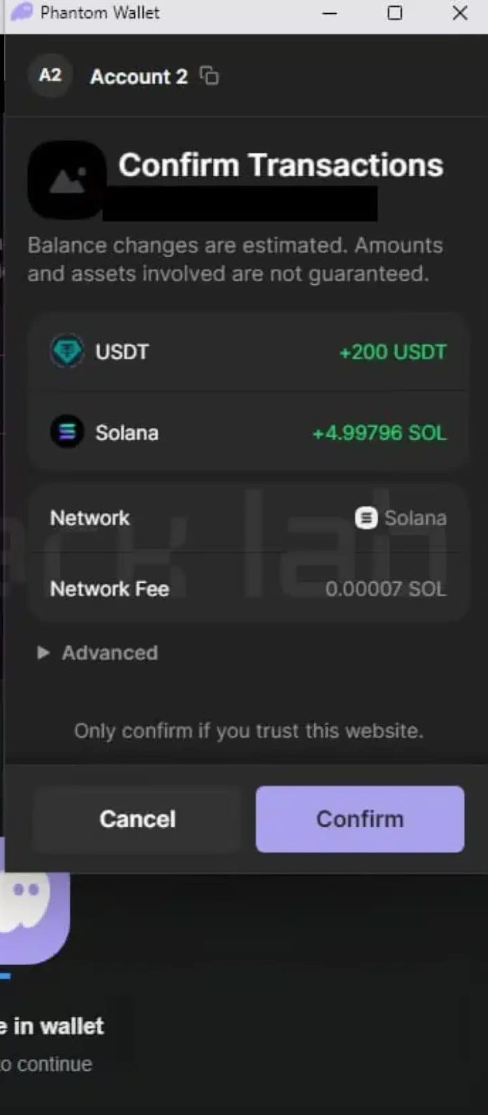 Fake transaction simulation on Solana wallet drainer